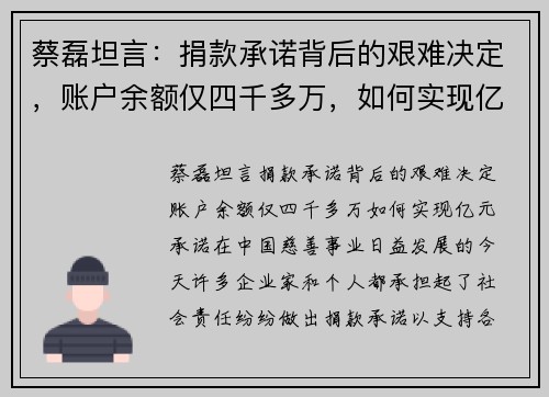 蔡磊坦言：捐款承诺背后的艰难决定，账户余额仅四千多万，如何实现亿元承诺？