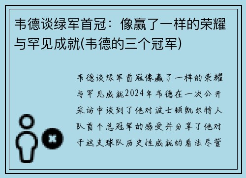 韦德谈绿军首冠：像赢了一样的荣耀与罕见成就(韦德的三个冠军)