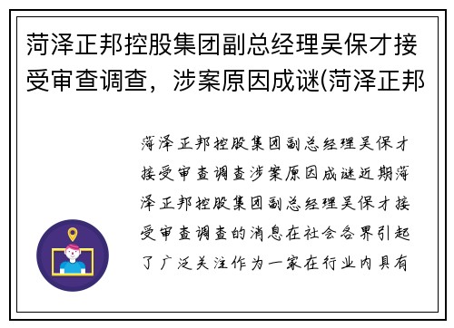 菏泽正邦控股集团副总经理吴保才接受审查调查，涉案原因成谜(菏泽正邦置业开发过哪些地方)