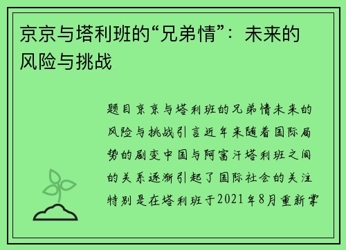 京京与塔利班的“兄弟情”：未来的风险与挑战