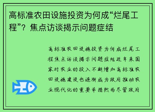 高标准农田设施投资为何成“烂尾工程”？焦点访谈揭示问题症结