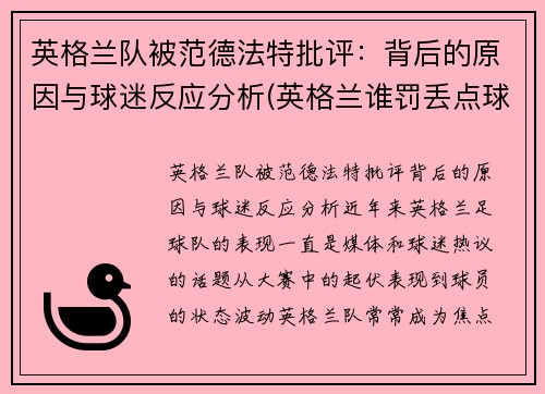 英格兰队被范德法特批评：背后的原因与球迷反应分析(英格兰谁罚丢点球)