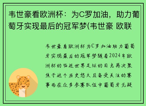 韦世豪看欧洲杯：为C罗加油，助力葡萄牙实现最后的冠军梦(韦世豪 欧联杯金靴)