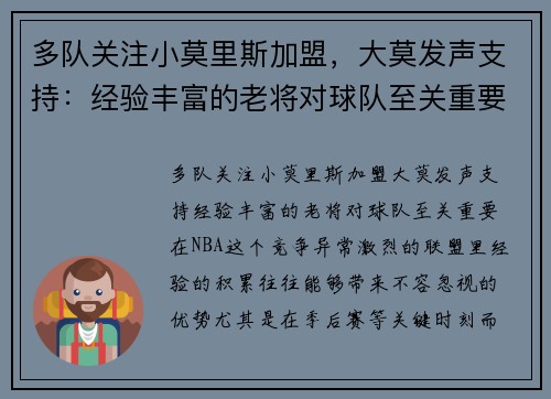 多队关注小莫里斯加盟，大莫发声支持：经验丰富的老将对球队至关重要
